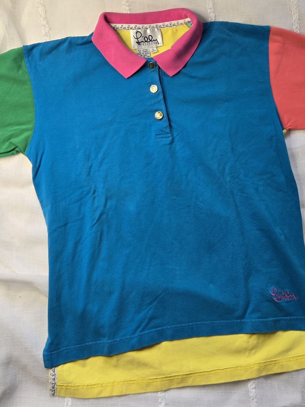 Lilly Pulitzer Bright Blue Polo with Pink Collar and Green & Coral Sleeves